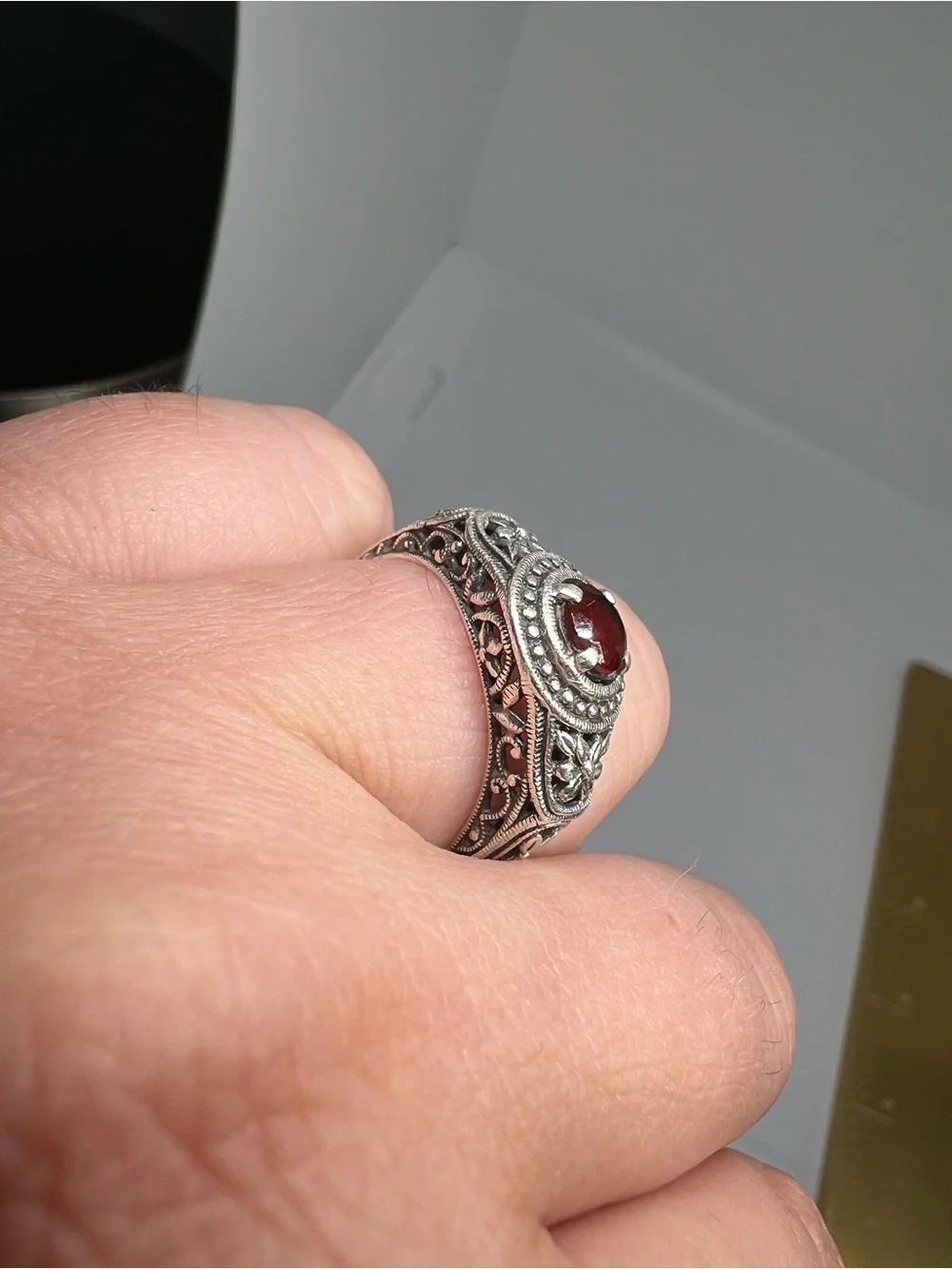 Vintage-Inspired Sterling Ring with Deep Red Garnet Gemstone